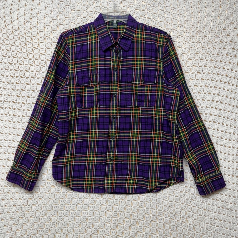 Ralph Lauren Women Shirt Top Sz L Purple Plaid Button Up LRL Lauren Jeans Co.